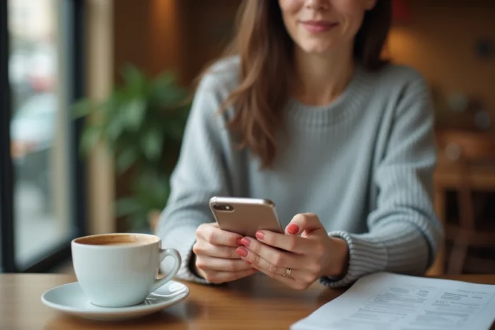 Femme accédant à son compte FDJ sur smartphone dans un café parisien