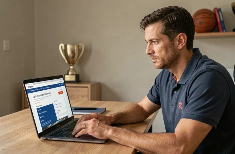 Homme accédant à l'extranet FBI sur un ordinateur portable dans un bureau à domicile avec trophée de basket en arrière-plan