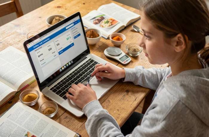 Adolescente utilisant un convertisseur de masse en ligne sur ordinateur portable pour adapter une recette internationale avec une balance de poche