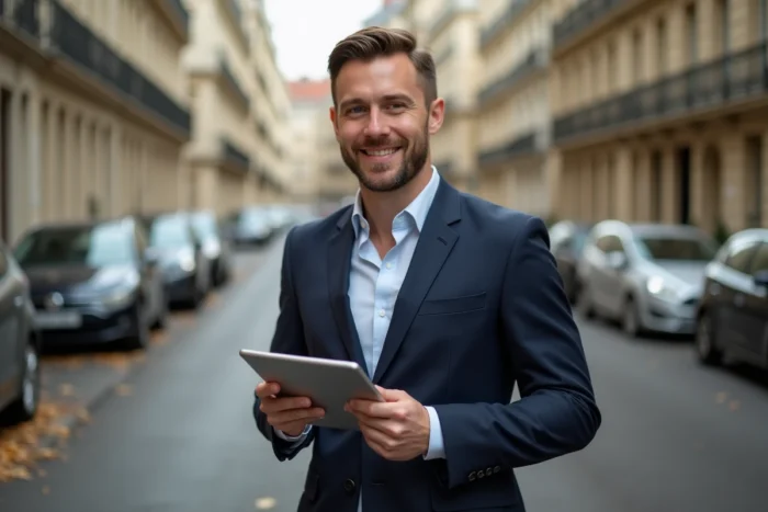 Agent immobilier consultant une carte des prix par quartier sur tablette devant des immeubles haussmanniens