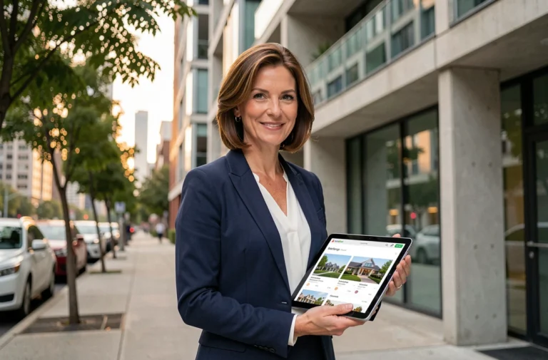 Agent immobilière professionnelle devant un immeuble moderne tenant une tablette avec des annonces de propriétés