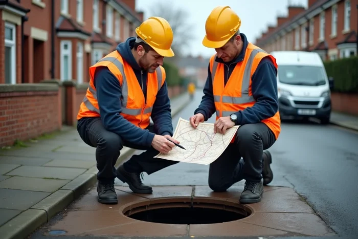 Agents municipaux consultant un plan de réseau de canalisation et d'égout en rue résidentielle