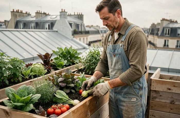 Agriculteur urbain récoltant des légumes frais sur un toit parisien en réponse aux enjeux de souveraineté alimentaire en France