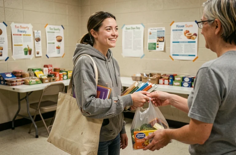 Étudiante recevant une aide alimentaire dans une épicerie solidaire universitaire, initiative contre la précarité étudiante
