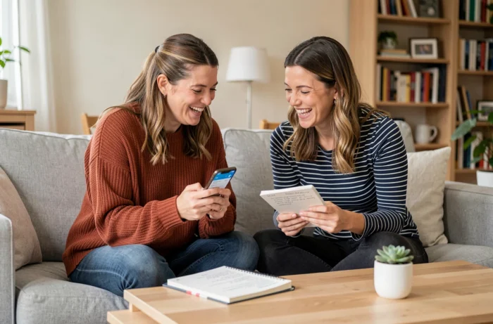 Deux amies échangeant des conseils pour économiser au quotidien avec un smartphone et un carnet dans un salon cosy