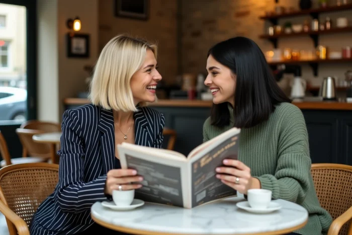 Deux amies discutant des meilleurs magazines féminins 2025 dans un café français