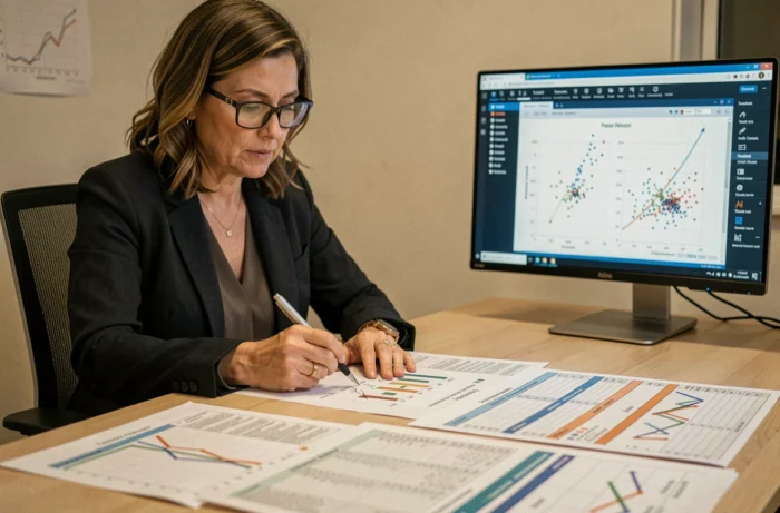 Une chercheuse annote des graphiques imprimés et analyse des résultats statistiques sur deux écrans dans son bureau, illustrant l'étape d'interprétation rigoureuse des données.