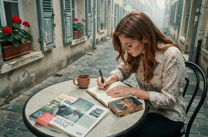 Femme annotant une revue littéraire de poésie en terrasse de café dans une rue pavée française