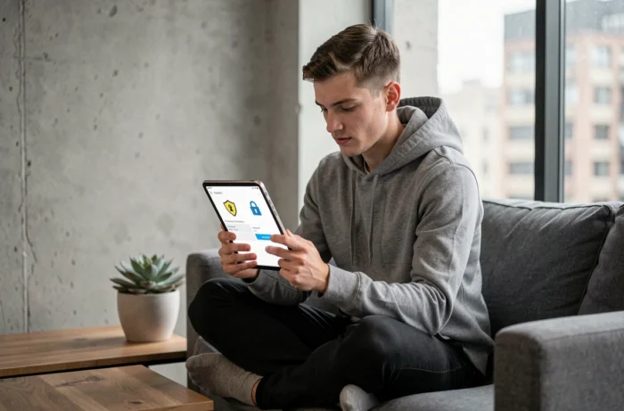 Jeune professionnel utilisant une application mobile pour chiffrer un document PDF sur une tablette