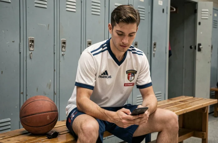 Arbitre de basket français consultant l'extranet FBI sur smartphone dans un vestiaire avant un match