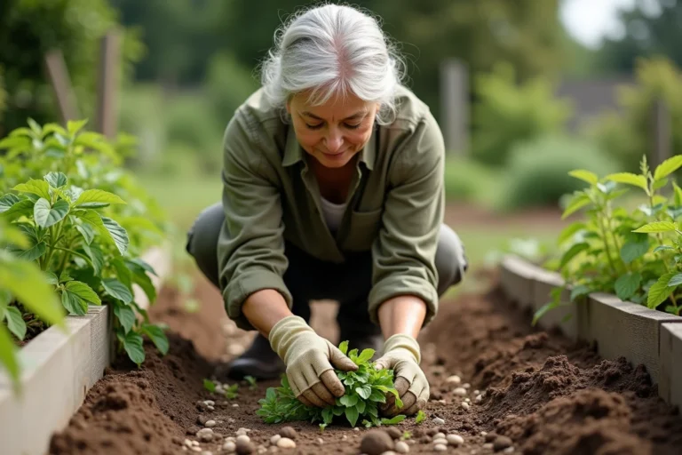 Femme de jardin arrachant du pourpier envahissant à la main entre les rangées de tomates dans un potager
