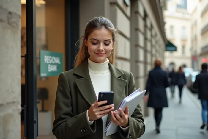 Une jeune femme arrive devant une agence bancaire avec ses documents pour finaliser un transfert de compte