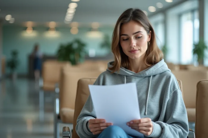 Femme lisant un document d'assurance maladie dans une salle d'attente hospitalière concernant les affections de longue durée