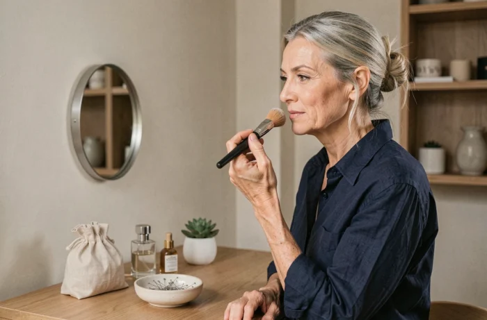 Femme mature appliquant un fond de teint naturel devant un miroir sur une coiffeuse en bois épurée
