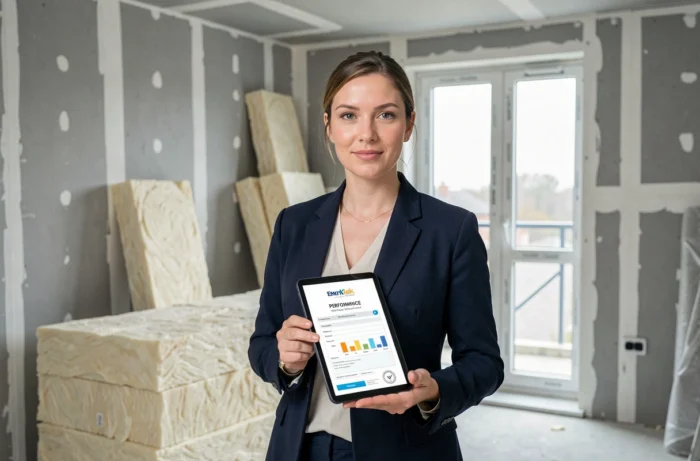 Auditrice énergétique évaluant la performance d'un appartement en cours de rénovation intérieure
