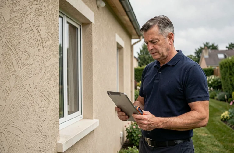 Auditeur énergétique inspectant la façade d'une maison individuelle avec une tablette numérique et un appareil de mesure thermique