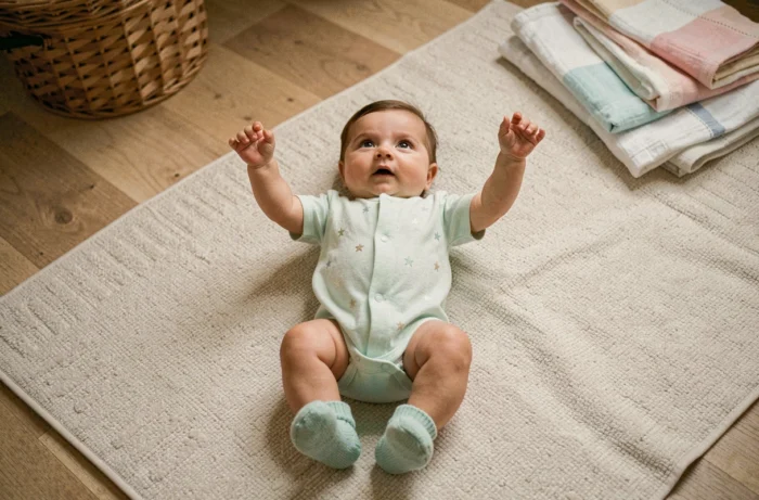 Bébé de 6 mois allongé sur un tapis de jeu en coton portant une grenouillère mint pastel et des chaussons tricotés assortis dans une chambre décorée avec soin