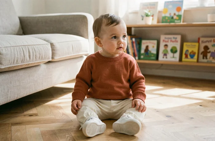 Bébé de 12 mois assis sur un parquet en bois dans un salon scandinave, habillé d'un pull en maille terracotta et d'un pantalon crème confortable
