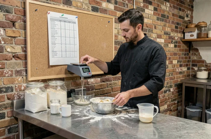 Boulanger professionnel consultant un tableau de conversion de masse pour doser précisément la farine dans une boulangerie artisanale