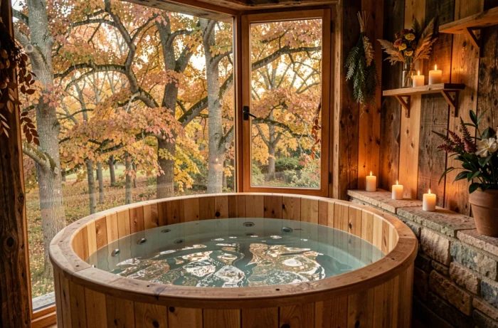 Intérieur chaleureux d'une cabane dans les arbres insolite avec jacuzzi privatif et vue sur la forêt du Luberon, ambiance romantique pour un séjour en PACA