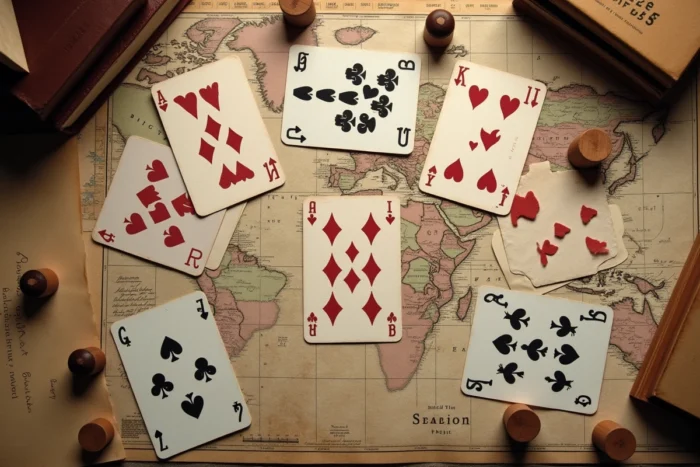 Vue aérienne de cartes à jouer anciennes et modernes évoquant l'histoire et les origines du jeu Kems