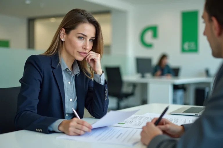 Une femme discute avec un conseiller bancaire dans une agence Caisse d'Épargne pour changer d'agence et transférer ses comptes