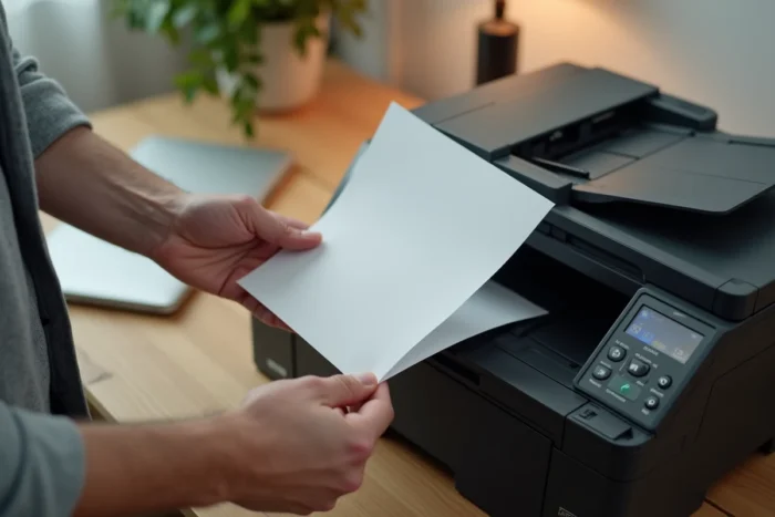 Mains chargeant du papier dans le bac d'une imprimante multifonction laser couleur Brother dans un bureau à domicile