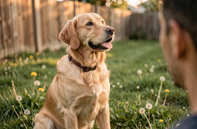 Chien golden retriever portant un collier anti-aboiement dans un jardin, assis calmement sur l'herbe verte