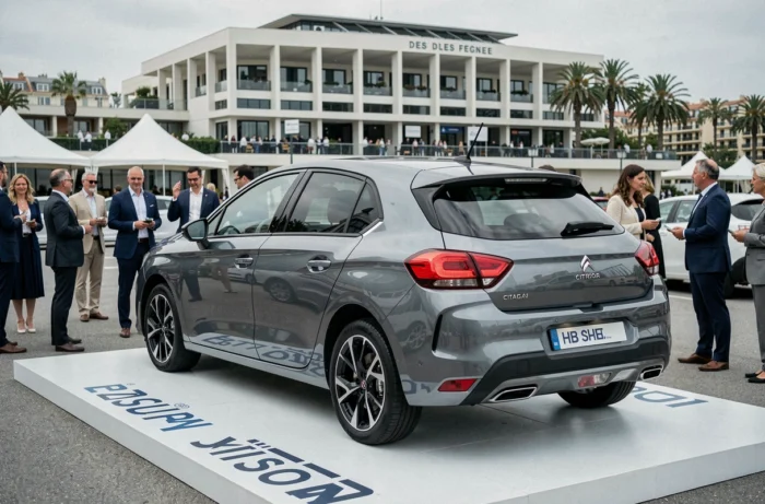 Citroën C4 présentée lors d'un événement automobile en plein air à Cannes avec le Palais des Festivals en arrière-plan