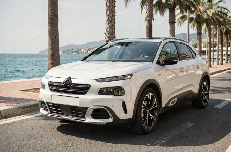 Nouvelle Citroën C5 X garée sur la Promenade des Anglais à Nice avec la Méditerranée en arrière-plan