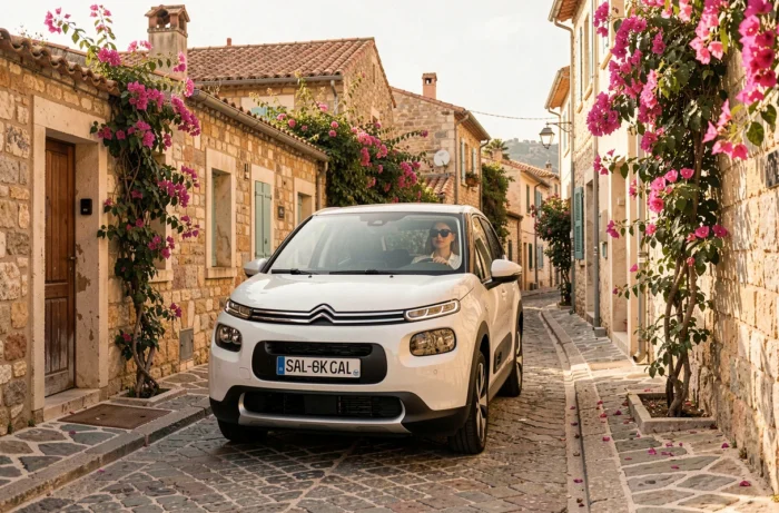 Citroën ë-C3 électrique dans une ruelle du village d'Èze sur la Côte d'Azur conduite par une femme