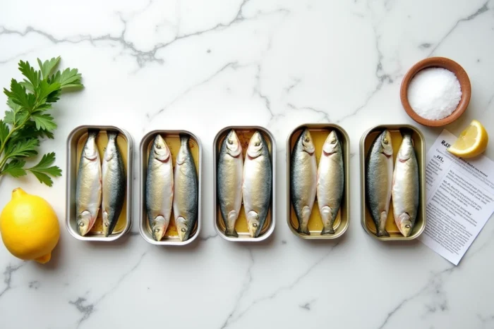 Vue du dessus de plusieurs boîtes de sardines en conserve de différentes marques sur un plan de travail en marbre, entourées d'ingrédients frais pour illustrer les critères de sélection