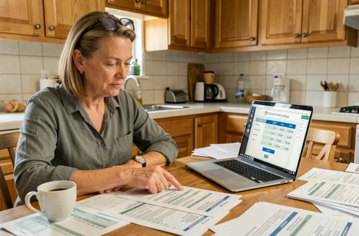 Femme professeure contractuelle comparant une grille salariale imprimée avec un simulateur en ligne sur ordinateur