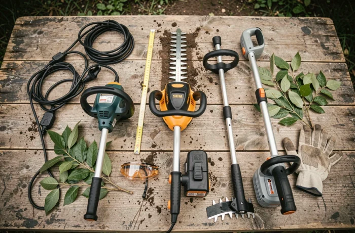 Vue en plongée de plusieurs taille-haies comparés sur un établi en bois avec accessoires de jardinage pour un guide d'achat