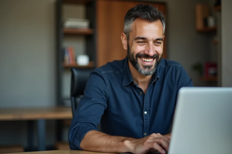 Homme connecté à son compte FDJ en ligne sur un ordinateur portable depuis son bureau à domicile