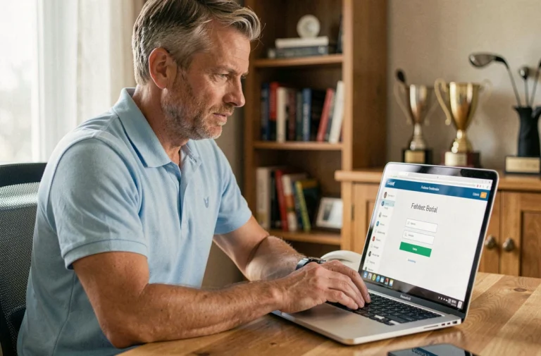 Golfeur masculin connecté à l'extranet FFGolf sur un ordinateur portable dans un bureau à domicile