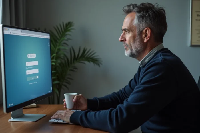 Professeur se connectant en sécurité au webmail académique depuis son bureau à domicile
