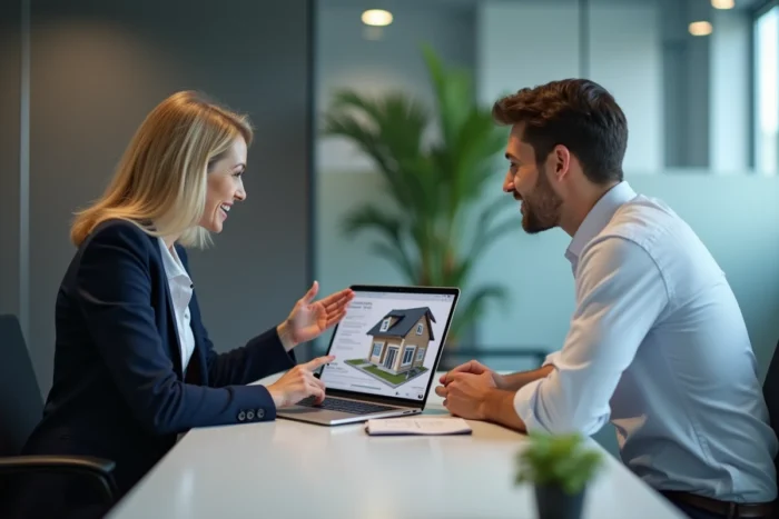 Conseillère bancaire présentant une simulation de prêt immobilier à un client lors d'un entretien en agence