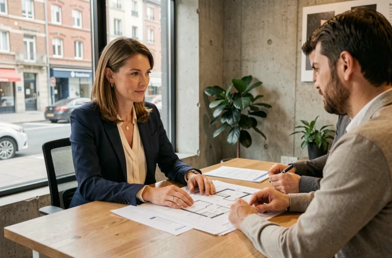 Conseillère immobilière professionnelle à Dunkerque accompagnant un couple dans leur projet immobilier autour de plans et documents