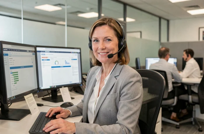 Conseillère du service client d'un organisme de retraite complémentaire répondant aux appels téléphoniques
