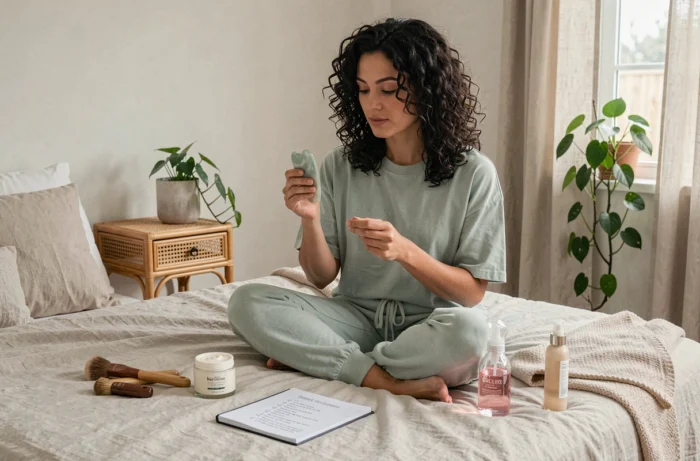Jeune femme assise sur son lit entourée de produits de beauté et d'accessoires de soin de la peau