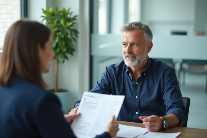 Homme en consultation avec un conseiller santé pour optimiser sa couverture mutuelle dans une clinique moderne
