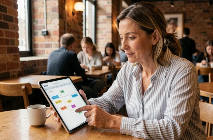 Femme consultant un plan de site web technologique sur une tablette dans un café urbain moderne