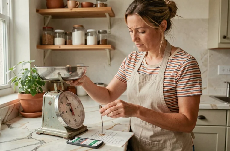 Femme utilisant une balance de cuisine et un convertisseur de masse sur smartphone pour mesurer des ingrédients avec précision