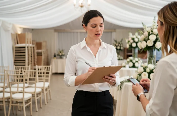 Coordinatrice de mariage professionnelle supervisant les préparatifs de décoration dans une salle de réception élégante