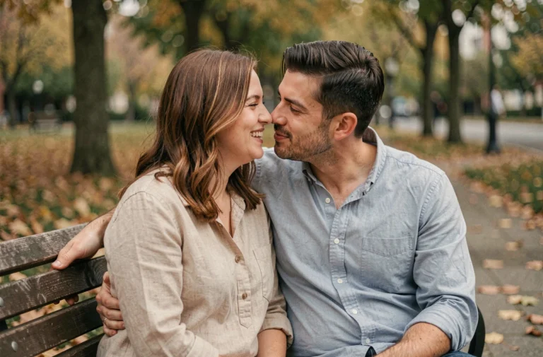 Couple complice assis sur un banc de parc en automne, sourires partagés et tendresse naturelle