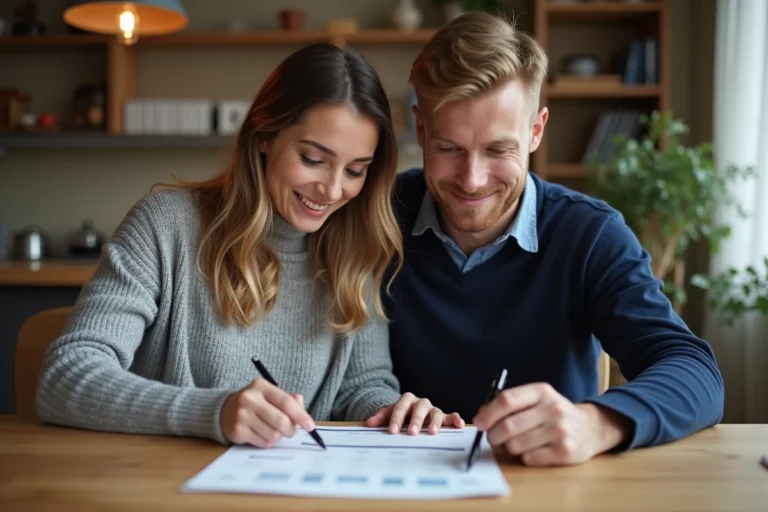 Couple en train de comparer des offres de crédit immobilier autour d'une table en bois dans un appartement chaleureux