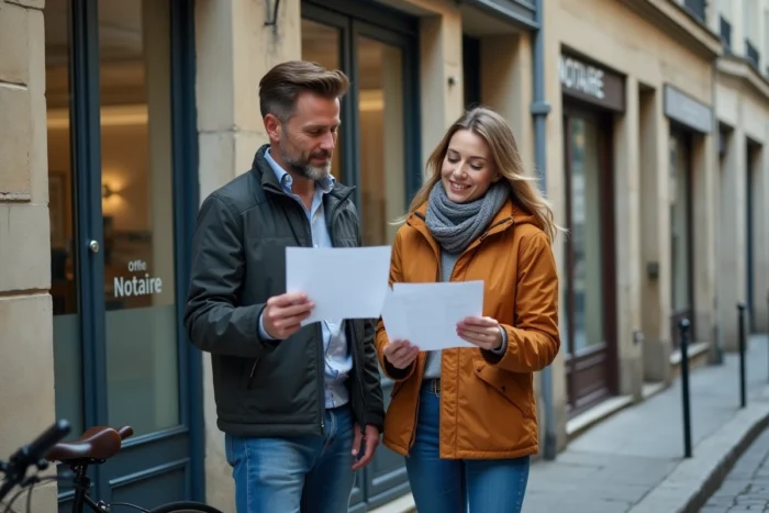 Couple examinant des documents de prix immobiliers devant une étude notariale dans une rue pavée française