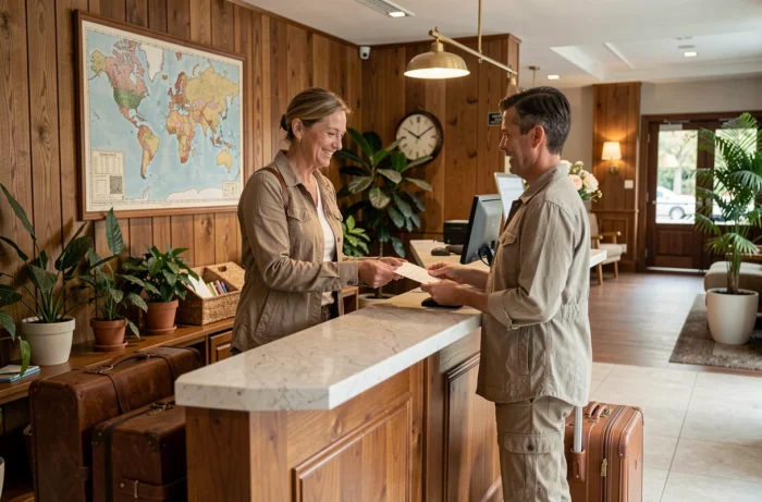 Couple enregistrant leur arrivée à la réception d'un hôtel de charme lors d'un voyage organisé avec Hôte Antic Travel