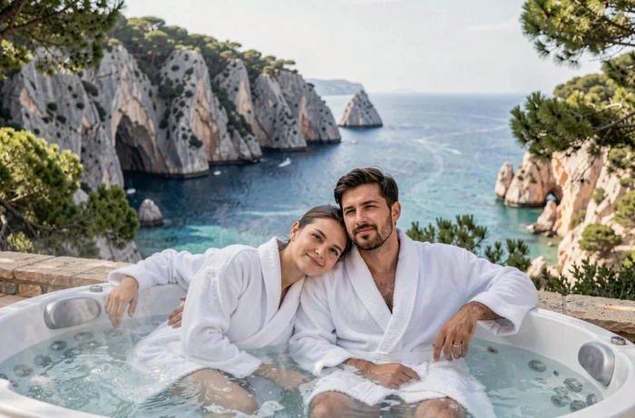 Couple en robe blanche profitant d'un jacuzzi privatif en terrasse avec vue sur les Calanques de Marseille lors d'une escapade romantique en PACA